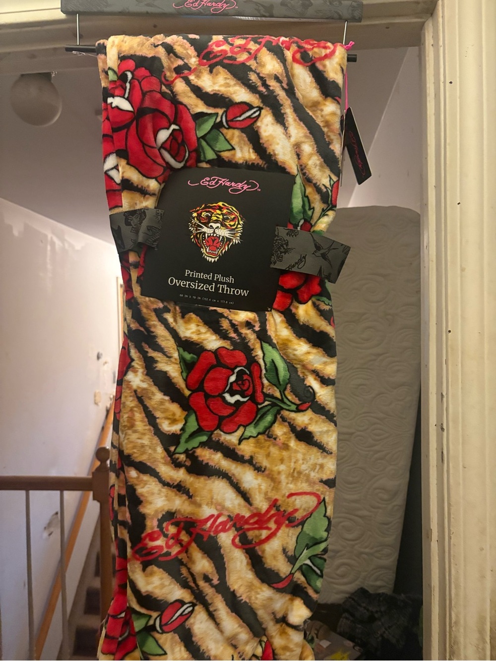 Ed Hardy Red Rose Tiger Print Plush Oversized Throw